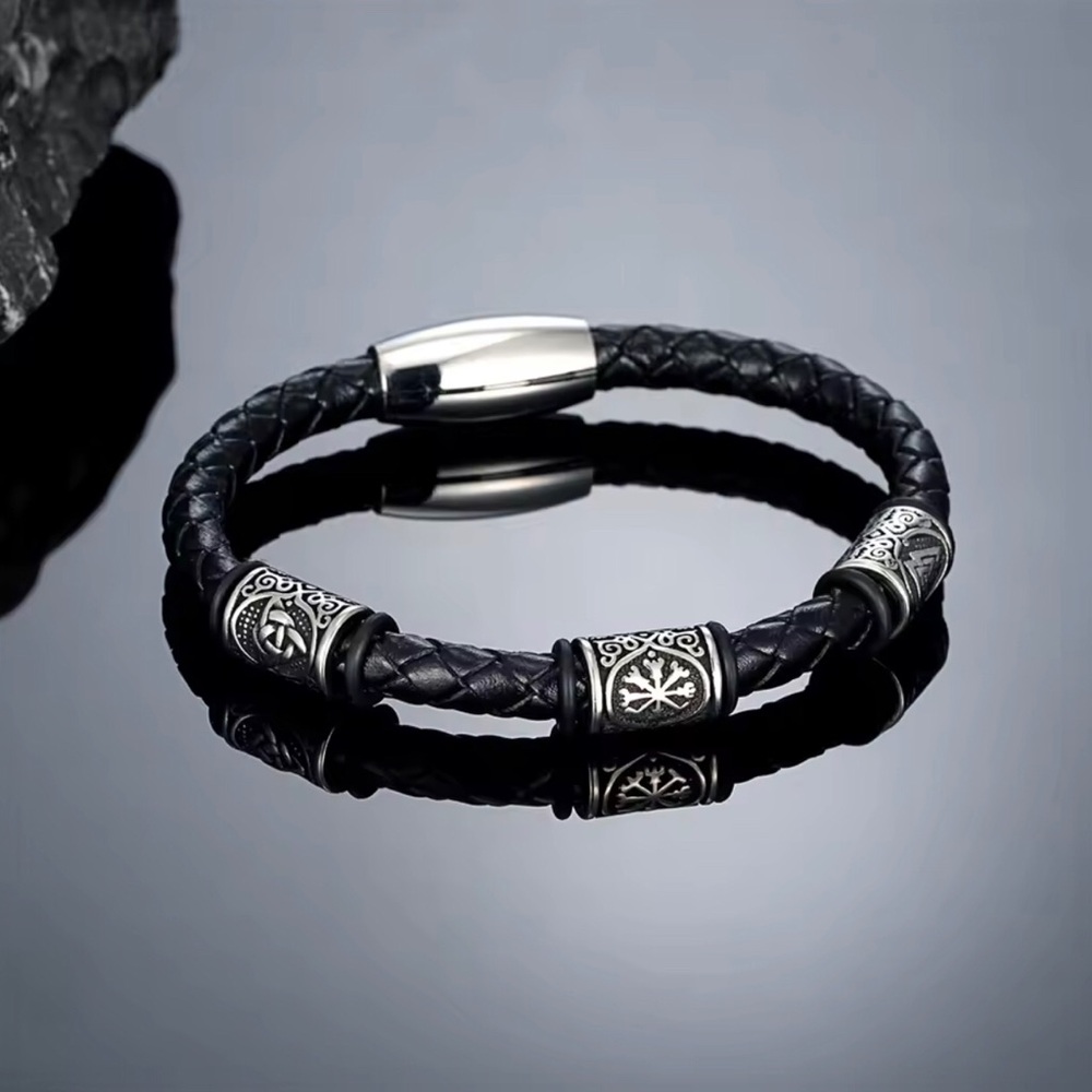 Men's Black Braided Leather Bracelet with Silver Accent Beads